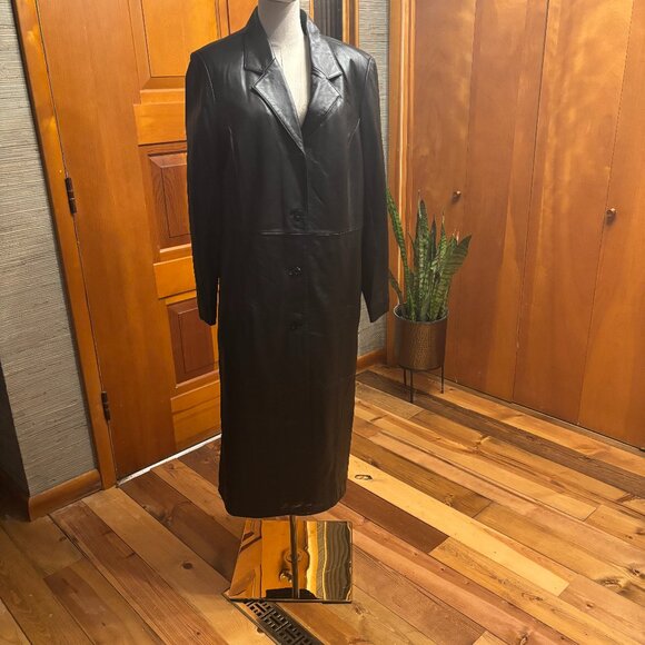 Full Length Black Leather Coat Women's Medium - Picture 1 of 7